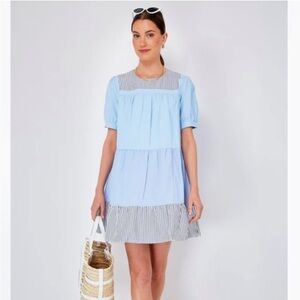 Tuckernuck English Factory Quinn Blue Striped Short Sleeve Tiered Dress M